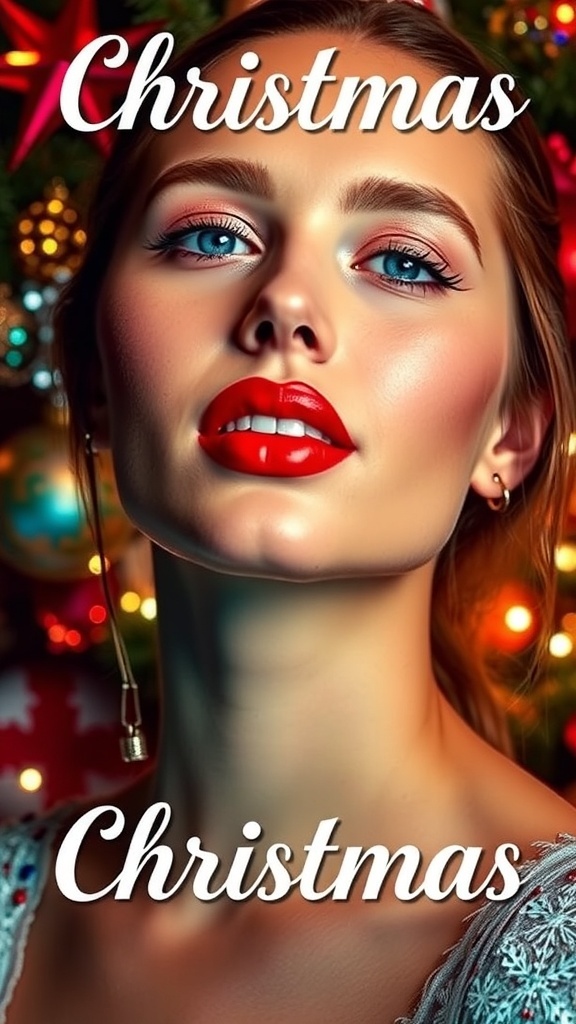 A model showcasing glamorous Christmas makeup with red lips and gold eyeshadow against a festive background.